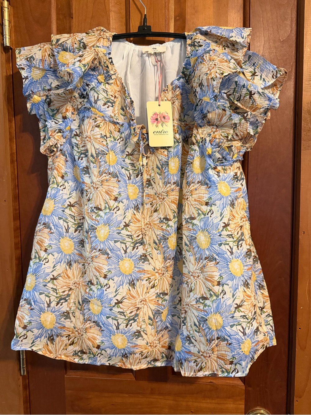Entro Women’s Blue & Yellow Floral Ruffle Blouse